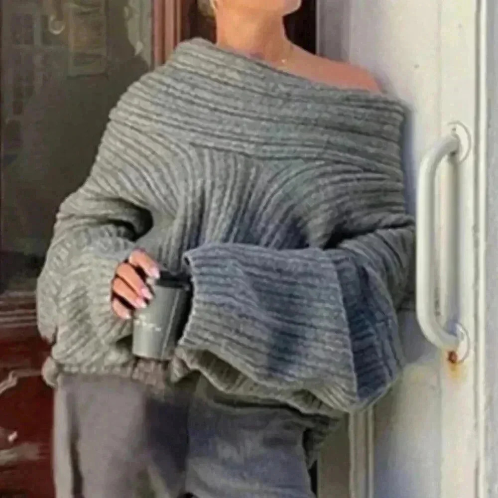 Grey Casual Women's Asymmetric Collar Long Sleeve Loose Sweater